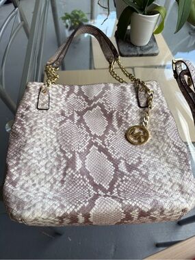 Michael Kors Snake-Print Shoulder Tote with Gold Hardware